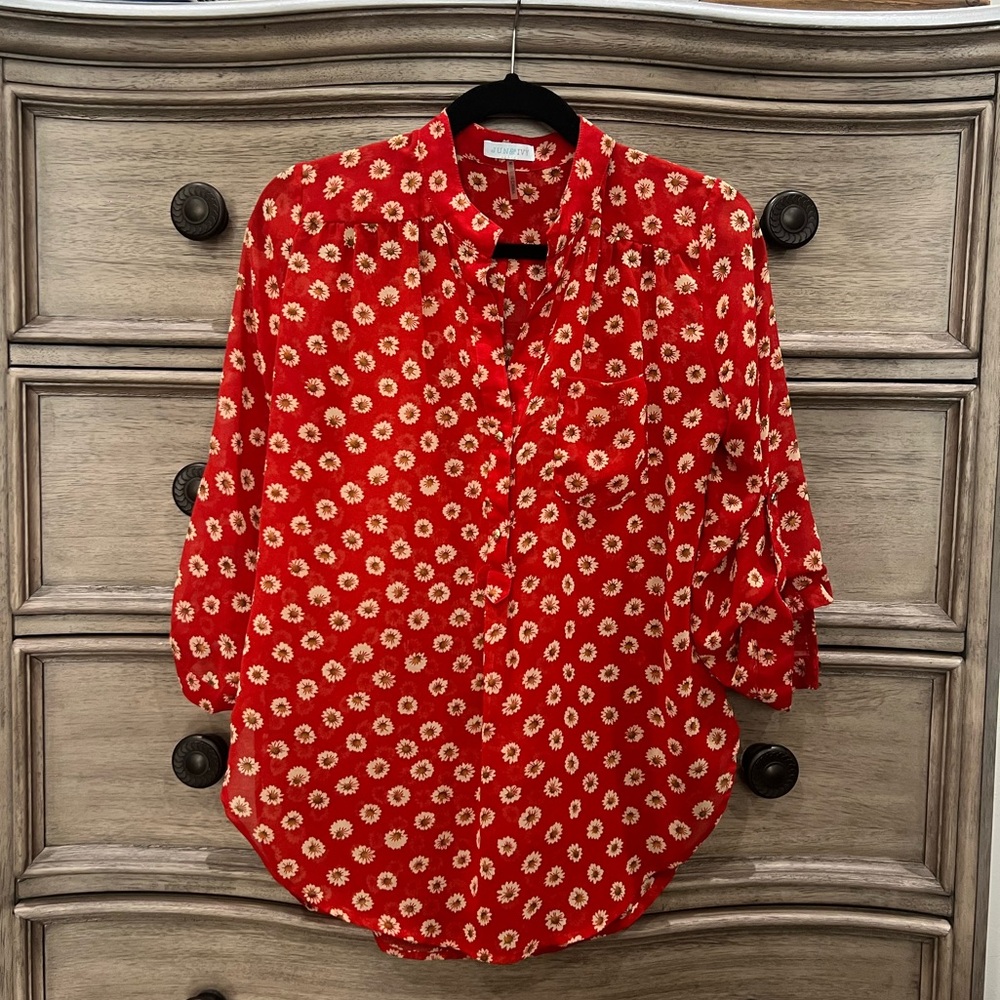 Red Floral Button-Up Blouse